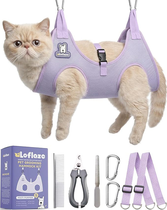 Loflaze Dog Grooming Hammock Harness for Dogs & Cats with Pet Nail Clipper Trimmer - Cat Hanger Sling for Trimming Clipping Nails- Dog Hammock Restraint Bag for Small Medium Large pet （ Purple S）