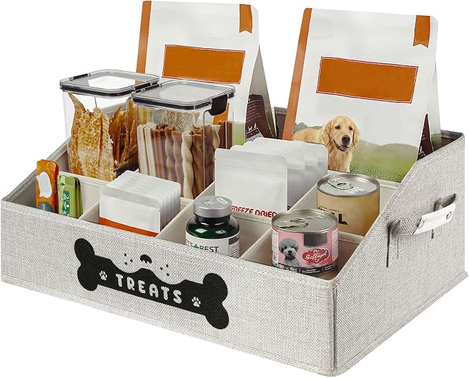 Dog Treat Container, Dogs Storage Organizer with Removable Dividers, Collapsible Dogs Treat Holder for Countertop, Trapezoid Pet Treats Containers, Dog Toy Basket with PU Handles, Large, Gray