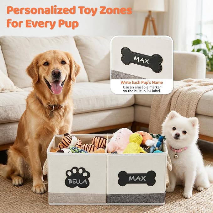 Dog Toy Basket Foldable Pet Toy Box Storage Bin with Lid, 21.7×9.8×9.8" | 34L Collapsible Box,Fabric Dog Storage Box with Handle,Name Label and Fexible Divider, Organizer for Living Room, Beige