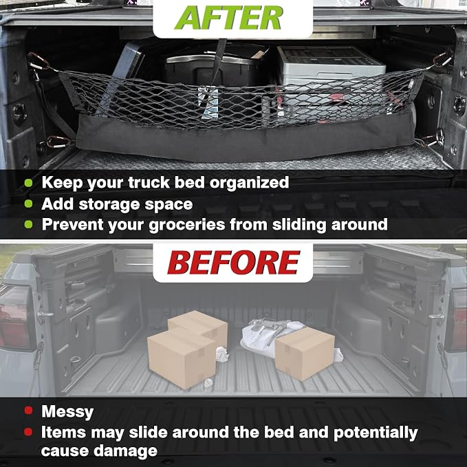 Muslogy Cargo Net for Hyundai Santa Cruz 2022-2026 Accessories | Custom Fit, Truck Bed Storage Organizer Net for Pickup Truck Bed Divider, Heavy Duty Carabiners, Night Visible Grab Handle