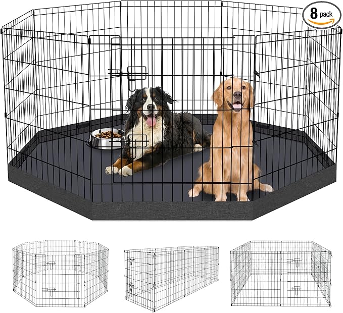 Peekaboo Dog Playpen 30 in, 8 Panel Metal Rustproof Pet Fence with Cover | 30 Inch 8 Panel Foldable Rustproof Black Metal Dog Playpen with Octagonal Waterproof Bottom Cover