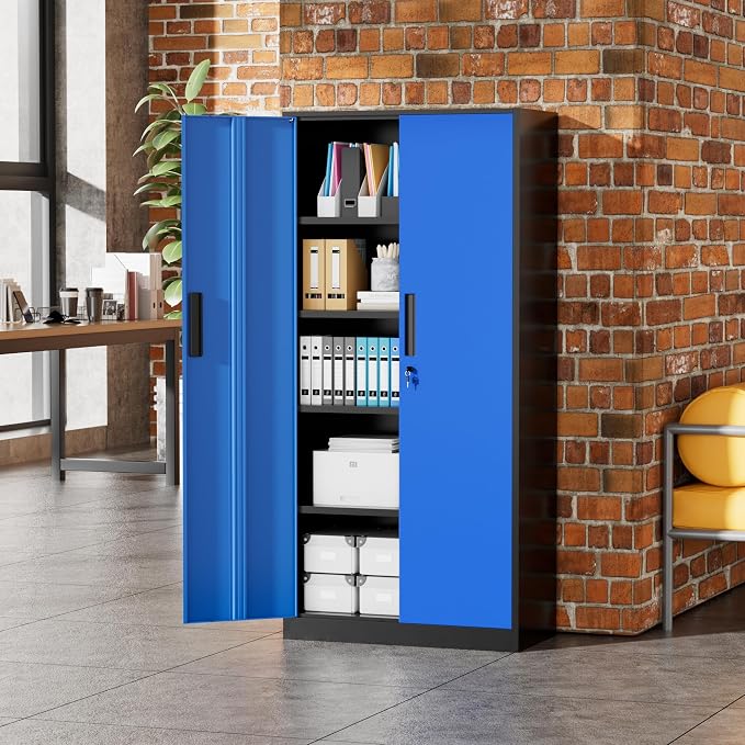 Greenvelly Metal Storage Cabinet, 72" Locking Metal Garage Storage Cabinet with Doors and 4 Adjustable Shelves, Lockable Steel Cabinet for Home Office, Garage, Shop, School (Blue 32" W x 16" D)