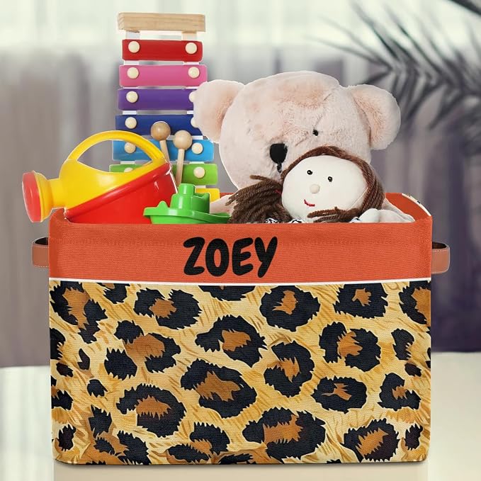Personalized Storage Bins for Boys, Customized Name Leopard Print Storage Basket Rectangle Clothes Organizer for Organizing Kids and Pets Toys Shelf Closet