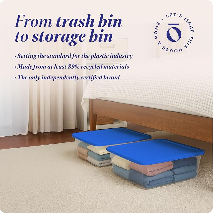 HOMZ 4-Pack Snaplock, Small Clear Plastic Storage Organizer Bins w/Lids, 12 Quart, Blue - Stackable Container Boxes for Bedroom, Bathroom, Garage, and Office Organization