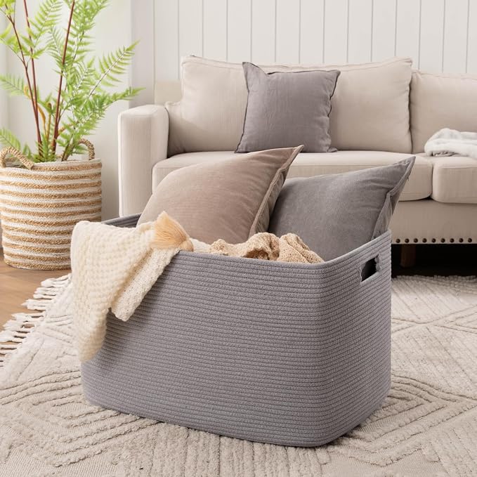 OIAHOMY 118L XXXLarge Rope Storage Basket, Oversized Blanket Basket Grey | 25" x 17" x 16" Used for Organizing Dirty Clothes in Living Room, Bedroom, Nursery, Extra Large Basket,Dog Toy Storage Bins