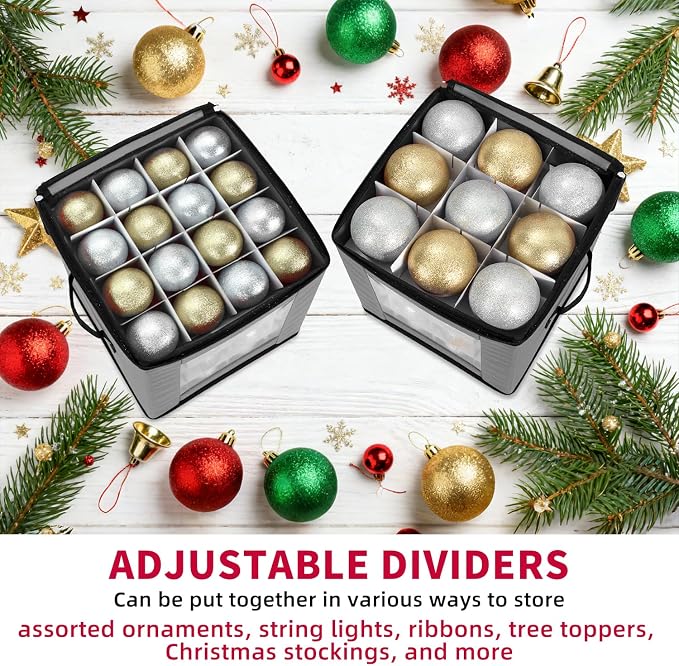 DIMESHY Christmas Ornament Storage Box Holds 64 Holiday Decorations,GRAY | Ornament Storage Container with Two Sturdy Carrying Handles,Adjustable Dividers,Holds Up to Christmas Ornaments by DIMESHY