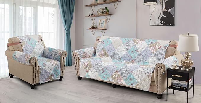 Brilliant Sunshine Blue & Green Roses Patchwork Couch Cover, 78" seat | Quilted Sofa Cover, Living Room & Bedroom Furniture Protector, Extra Large Washable Slipcover for Pets, Dogs & Cats