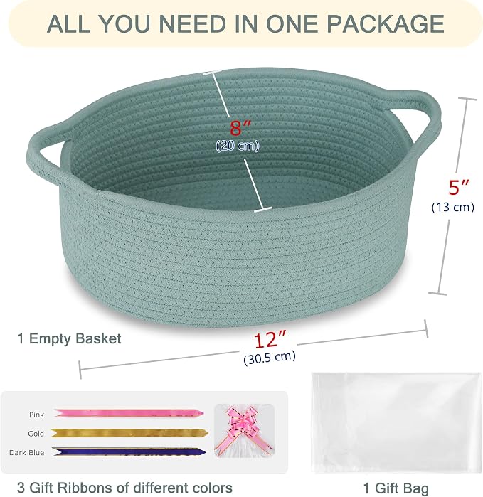 COMSE Empty Small Gift Basket with Bag & Ribbons, Light Green | Cotton Rope, 12"x 8"x 5", Baby Toy Organizer, Stores Small Items for Bedrooms, Nurseries, Bathrooms, Living Rooms, Offices