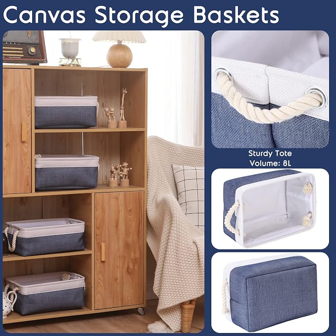 Sea Team Compact Rectangle Canvas Open-Top Storage Baskets, 3-Pack | Collapsible Fabric Storage Bins with Handles, Closet Shelf Organizers, 12 x 8 x 5 Inches, Denim & White