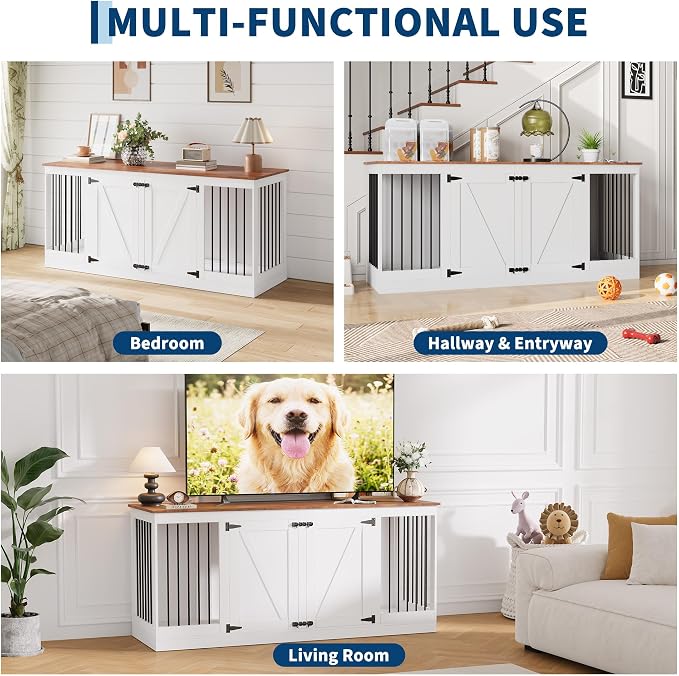 70.8" Large Dog Crate Furniture for 2 Dogs, Farmhouse Dog Crate TV Stand with Removable Divider, Heavy Duty Wooden Dog Kennel with Reinforced Steel Bars & 2 Lockable Doors