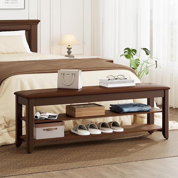 Homleke 47.2" Wide Solid Wood Shoe Rack Bench with Flip-Top Storage | 2-Tier Entryway Bench with Cushion, Adjustable Shelf, Holds Up to 12 Pairs, for Hallway, Bedroom and Closet, Walnut