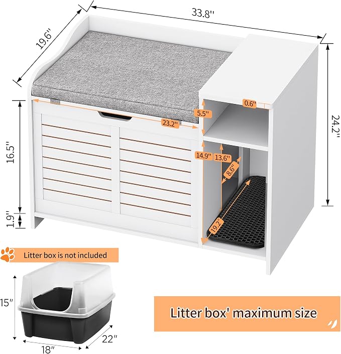 Cat Litter Box Enclosures Large Hidden Cat Litter Box Furniture Enclosure w/Top Opening Door, Wooden End Table Pet House w/Storage Shelf, Cushion & Mat, Dog Proof Design for Easy Cleaning