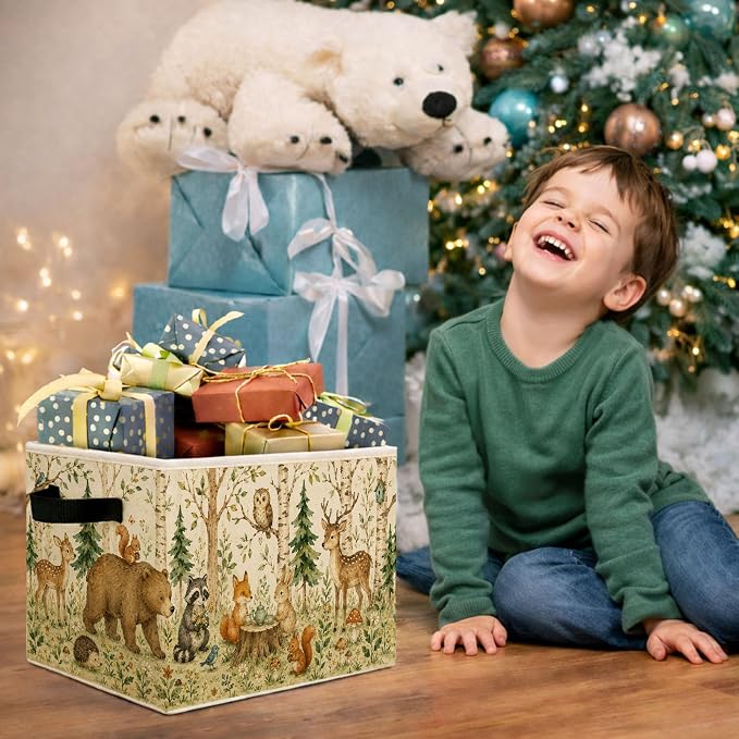 Woodland Animals Storage Bin, Foldable Fabric Organizer | Watercolor woodland animal storage bin for toys, books, clothes, blankets, nursery supplies, playrooms, shelves, and closets.
