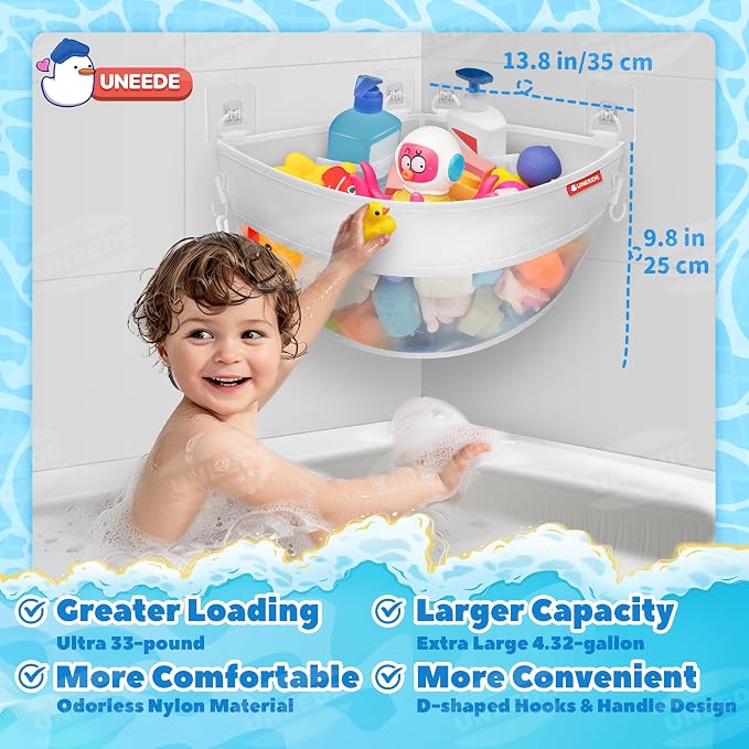 UNEEDE 4.32 Gallons Corner Mounted Bath Toy Storage Holder, Mesh Shower Caddy for Bathtub Organizer, Quick Dry Holder | Mesh Shower Caddy for Bathtub Organizer, Quick Dry Holder