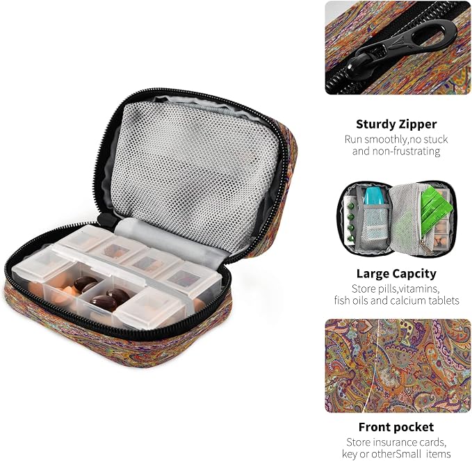 Naanle Vintage Paisley Flower Pill Box 7 Day Pill Case Travel Pill Organizer Bag with Zipper Portable Weekly Case Compact Size for Vitamin Supplement Holder