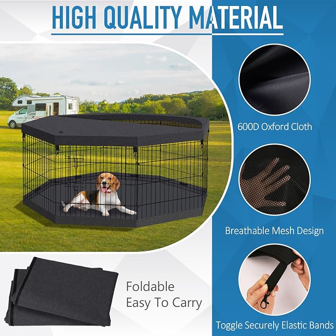 Peekaboo Dog Playpen 24" H 8-Panel with Octagonal Top Cover & Bottom Pad | 24-inch black 8-panel rustproof metal dog playpen with built-in door, foldable design, top cover and waterproof bottom pad.