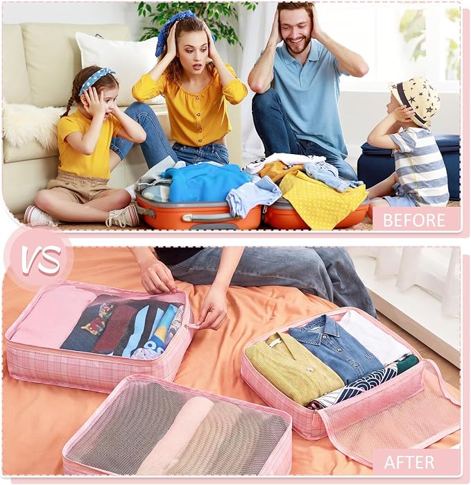 Silkfly 8 Pcs XL Packing Cube for Travel Luggage,Plaid,Pink | 17.7 x 13 x 4.7, Same Size, Pink Plaid Suitcase Storage Organizer Set, Reusable Mesh Clothes Cube for Hiking Camp Family