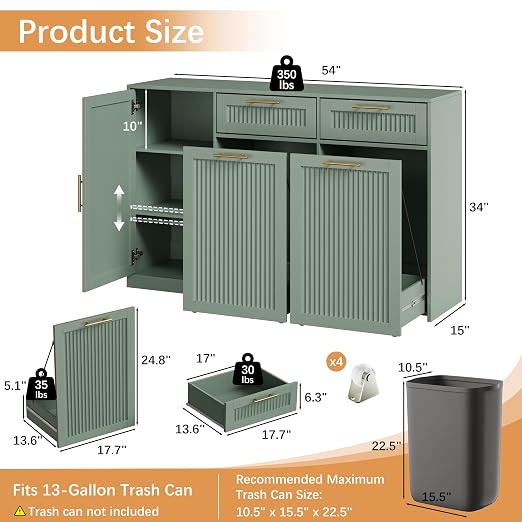 2 X 13 Gallons Double Pull Out Trash Can Cabinet with Storage, Green | 54"W Fluted Kitchen Trash Cabinet with Adjustable Shelf & Drawers, Hidden Pet Proof Trash Can Holder for Laundry Living Room