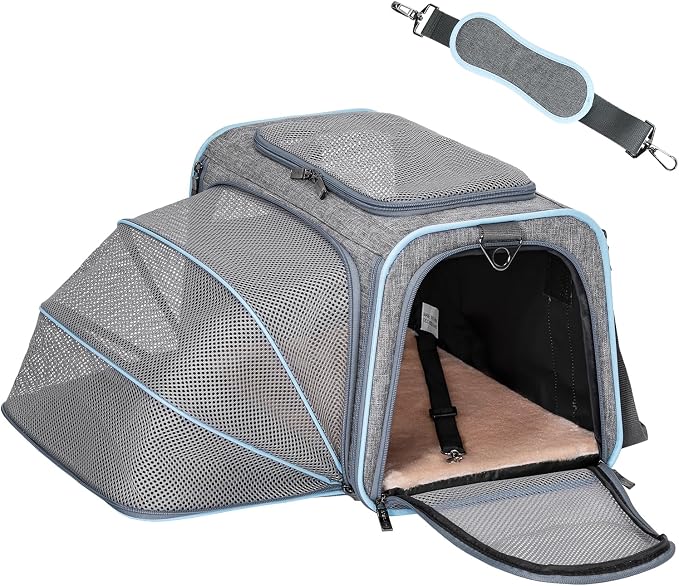 Petsfit Medium Expandable Cat Carrier for Air Travel, Up to 13 lb | 17 x 11 x 11 in; sized for Delta Airlines, with locking zippers, a handy D-ring, large pocket and multi-side ventilation.