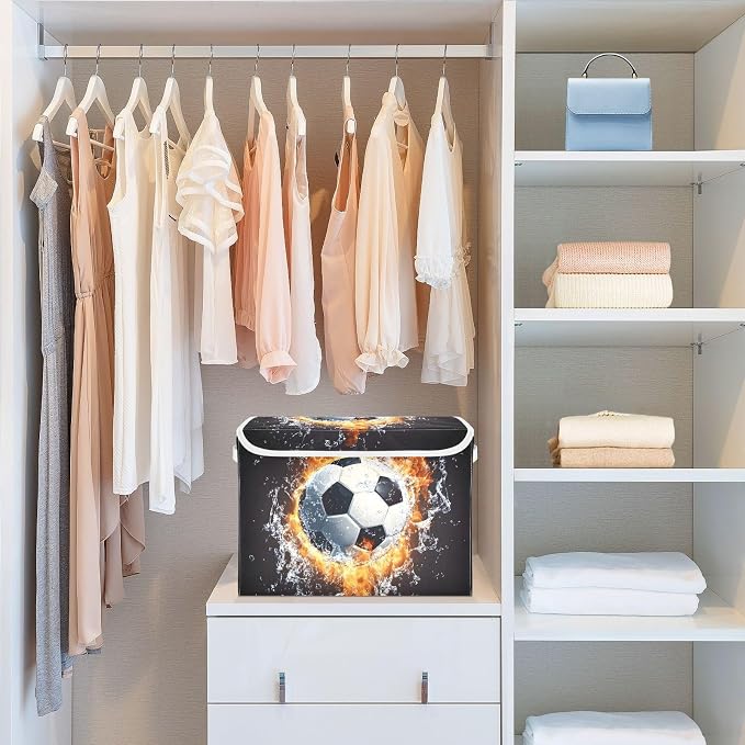 Soccer Fire Storage Bins with Lid Foldable Storage Boxes 40L Baskets | Decorative Storage Boxes, Dust-Proof Flip Top, Reinforced Handles, For Home & Bedroom, Clothes & Toy Box, Oxford Fabric Print