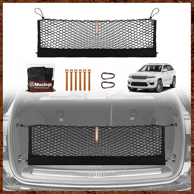 Muslogy Cargo Net for 2022-2025 2026 Jeep Grand Cherokee WL (2-Row) | Custom Fit, Trunk Storage Organizer Net for SUV Sedan Van Divider, with Heavy Duty Carabiners, Night Visible Grab Handle