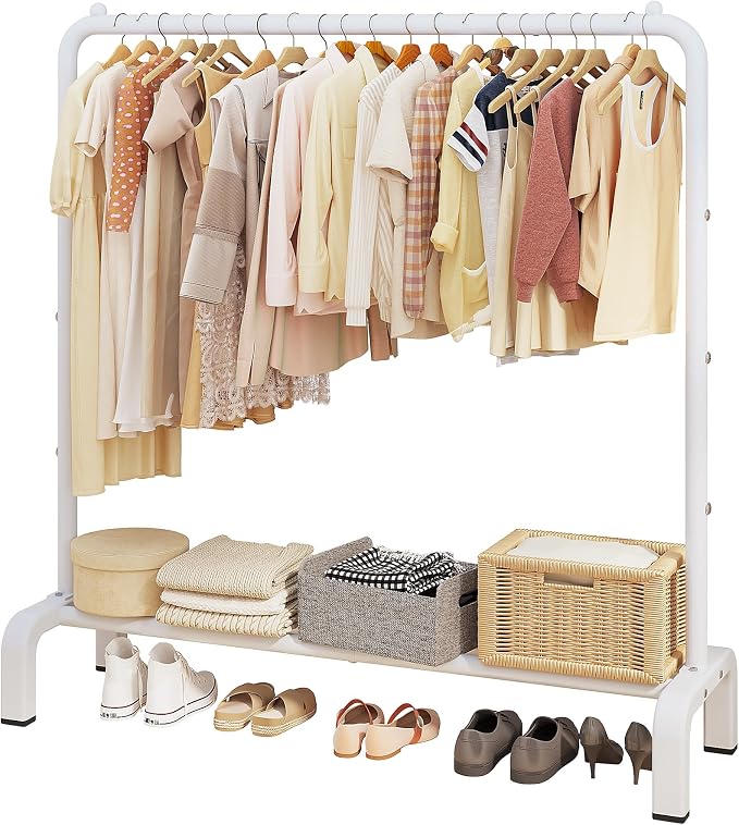 Metal Clothing Rack, 43.3 Inches Clothes Garment Coat Rack with Bottom Shelf for Hanging Skirts, Shirts, Sweaters, White | Metal 43.3 Inches Garment Rack Clothing Clothes Rack with Bottom Shelf for Hanging Clothes Coats Skirts Shirts Sweaters White