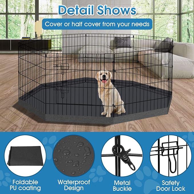 Peekaboo 24-Inch Dog Playpen, 8-Panel Rustproof Pet Fence with Bottom Pad | 24 Inch 8 Panel Foldable Rustproof Black Metal Dog Playpen with Octagonal Waterproof Bottom Cover