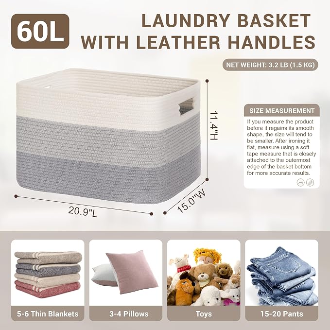 60L Woven Laundry Basket Hamper with Handles, Gradient Grey | collapsible wicker hamper, storage for dirty clothes, toys, blankets, gifts, living room, bedroom, bathroom, 21"x15"x11"