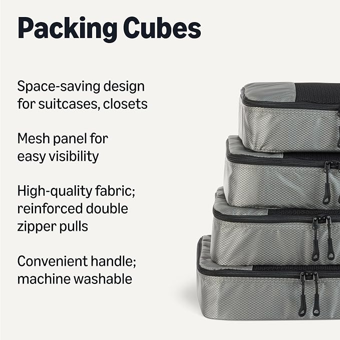 Amazon Essentials 4-Piece Packing Cubes Travel Accessories Set, Space-Saving Luggage Organizer with Double Zipper, Mesh Top Panel, Medium, Gray (Previously Amazon Basics)