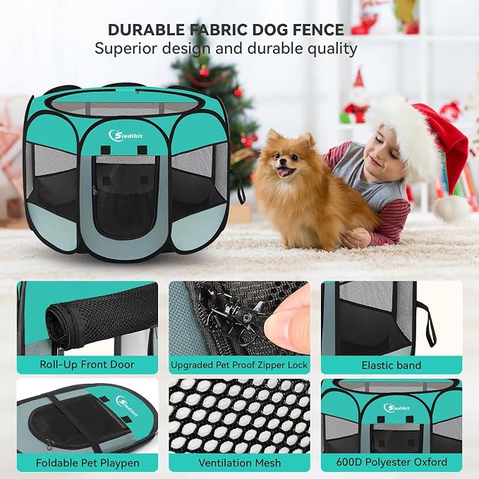 Siedihit Playpen for Middle Dog Cat, Dogs Tent Crate Cage Indoor | Outdoor, Portable Pop Up Dog Kennel with Carrying Bag for Rabbits(Green, Medium)
