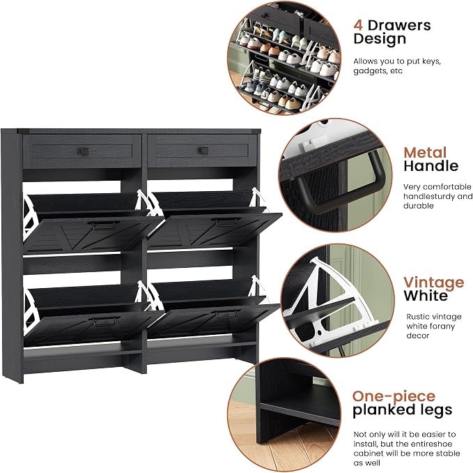 Halitaa Shoe Cabinet with 4 Flip Drawers & 2 Drawers,Farmhouse Shoe Storage Cabinet for Entryway,Slim Freestanding Organizer Rack for Front Door Entrance,Black