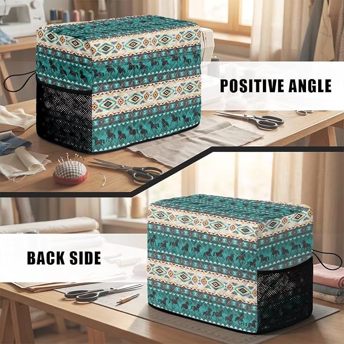 Sewing Machine Cover Polyester Febric Aztec Western Horse Print | Dust Pet Hair Protection,Quilting Design,Fits Standard Singer,Brother Janome Machines,Protecting Decorating Your Sewing Space