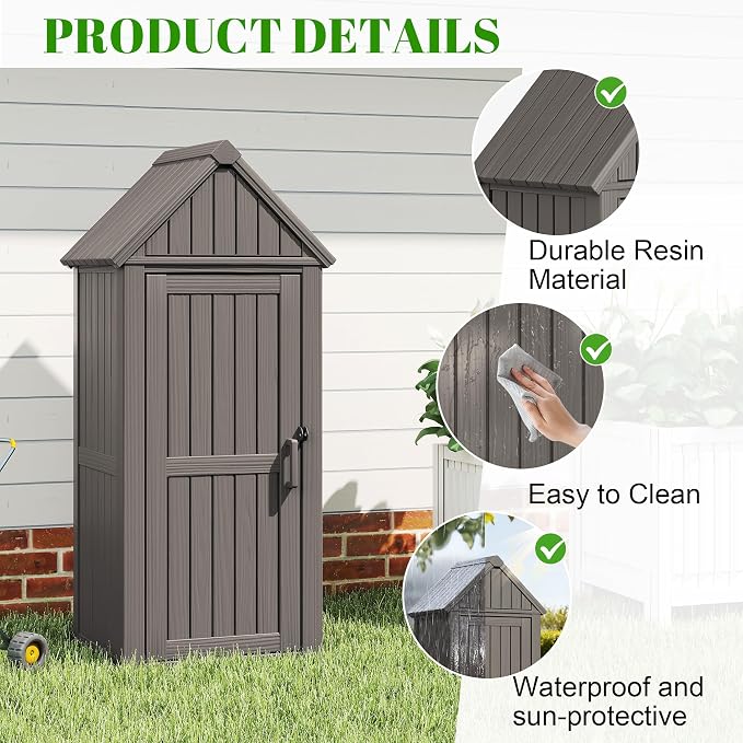 Vertical Outdoor Storage Shed, Waterproof Resin Outdoor Storage Cabinet with Removable Shelves & 12 Hooks, Lockable Small Tool Shed for Garden, Backyard, Patio, Pool, Classic Gray