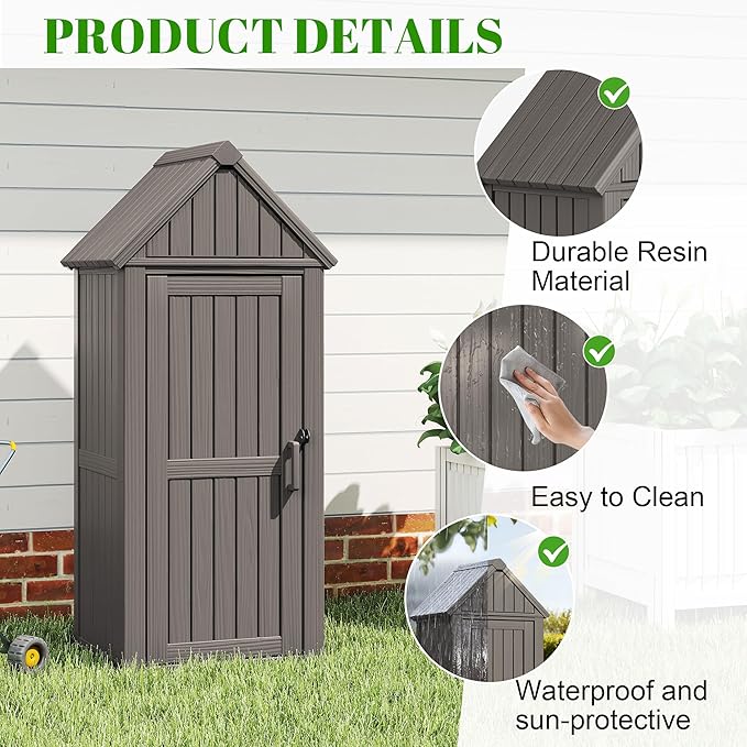 Vertical Outdoor Storage Shed, Waterproof Resin Outdoor Storage Cabinet with Removable Shelves & 12 Hooks, Lockable Small Tool Shed for Garden, Backyard, Patio, Pool, Gray