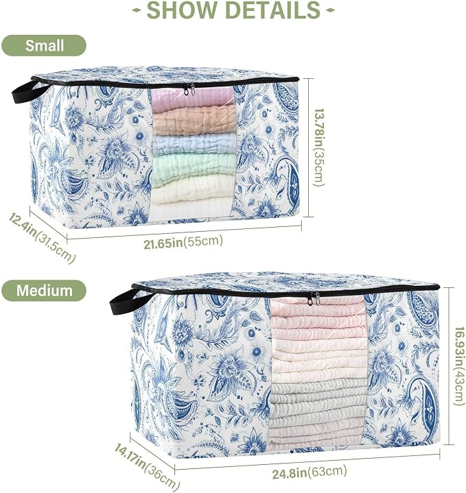 Blue Paisley Floral Clothes Storage Bag Bins 2 Pack Foldable Storage Containers Large Closet Organizer with Zipper Blanket Storage Bag for Clothing Bed Sheets Comforters 95L