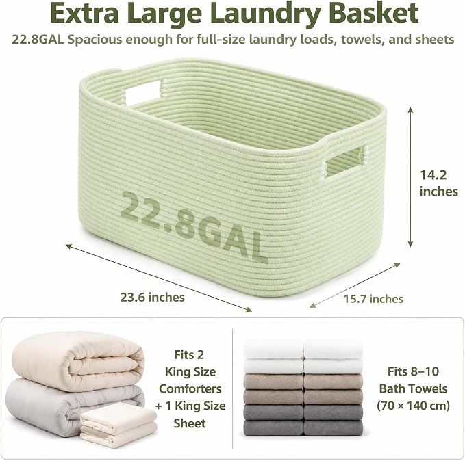 22.8GAL Xl Extra Large Laundry Basket for Bathroom, Dorm Dirty Clothes, Sturdy Portable Aesthetic Boho Cute Woven Storage Shoes Blanket Baskets for Living Room Decor Girls Boys Pets Toys Sage Green
