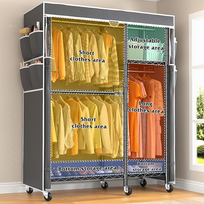 Raybee Clothes Rack with Cover, Rolling Portable Closet, 4 Hanging Zones | Heavy Duty, Tool-free Assembly, Adjustable Shelves, Lockable Wheels, Freestanding, Covered, Saving Space for Bedroom,Dorm