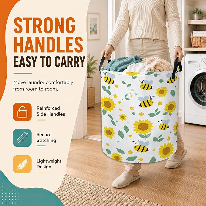 Cute Bee Sunflower Laundry Basket with Handles,Foldable Oxford Laundry Hamper,Collapsible Clothes Storage Basket for Laundry Room/Bathroom/Bedroom/Dormitories 20.8 x 16 Inches