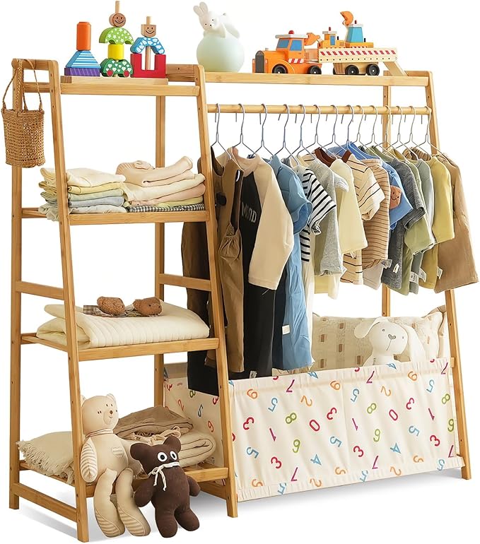 Baveke Kids Clothing Rack- Toddler Dress Up Rack with 5-Tier Open Shelves & Storage Bag, Baby Clothes Rack Small, FSC-Certified Bamboo Garment Rack & Free Standing Clothes Rack, Mini Clothing Rack