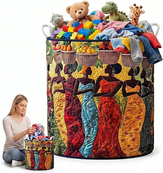 Collapsible RV Storage Basket, Quilted Fabric Laundry Hamper with Handles, Lightweight Bin for Camper Bathroom(20" x 28")