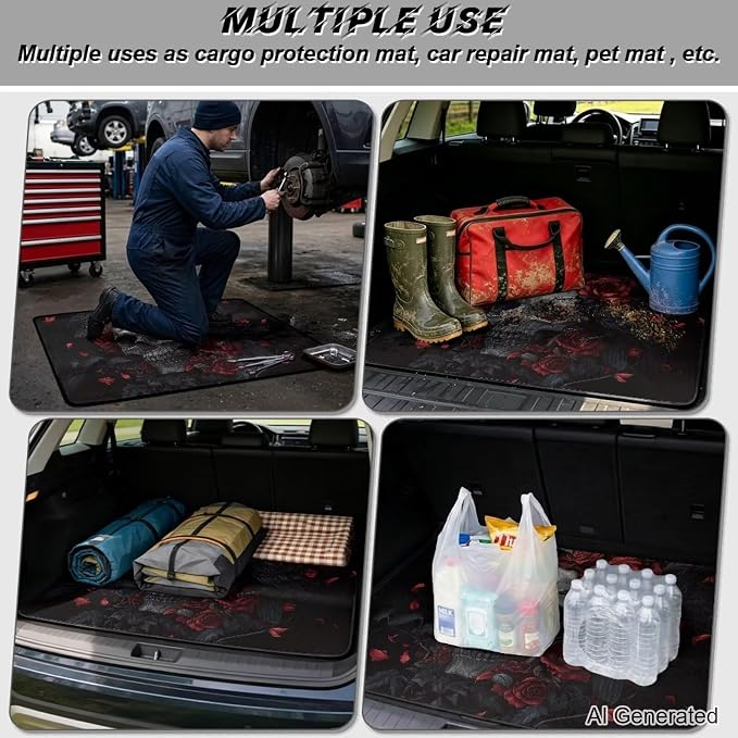 Rose Skull Print Durable Car Trunk Mat 29" x 39", Gothic Floral Non Slip Cargo Liner for Cars Trucks, All Weather Washable Pet Friendly Rear Trunk Liners