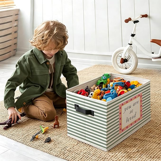 You Are So Loved Classroom Foldable Storage Bins Box with Handles, Kids Affirmation Sage Green Striped Decorative Storage Boxes Baskets Organizer for Kids Bedroom Nursery Playroom Classroom