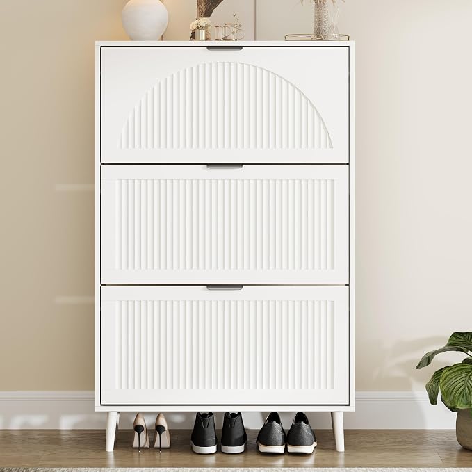 Shoe Storage Cabinet with 3 Flip Drawers, Narrow Wood Shoe Organizer Cabinet with Fluted Panel, Slim Shoe Rack for Entryway, Freestanding Shoe Cabinet for Living Room, Hallway, White