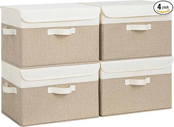 GRANNY SAYS Memory Keepsake Storage Box, Fabric Storage Bins with Lids | Flip-Top Lid, Collapsible, Stackable, 3 Handles, Ideal for Closet Clothes Blanket Toys, Large, Brown/White, 4-Pack