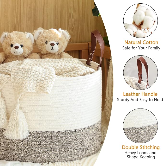 KAKAMAY Large Blanket Basket (20"x13"),Woven Baskets for storage Baby Laundry Hamper,Cotton Rope Blanket Basket for Living Room, Laundry, Nursery, Pillows, Baby Toy chest (White/Beige) | Extra Large Capacity | Natural Cotton Rope | Blanket Storage | Wo...