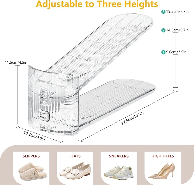 20-Pack Adjustable Shoe Slots Organizer for Closet, Clear | 20 transparent PET shoe stackers organize up to 20 pairs; 3 adjustable height levels for sneakers, heels, and flats.