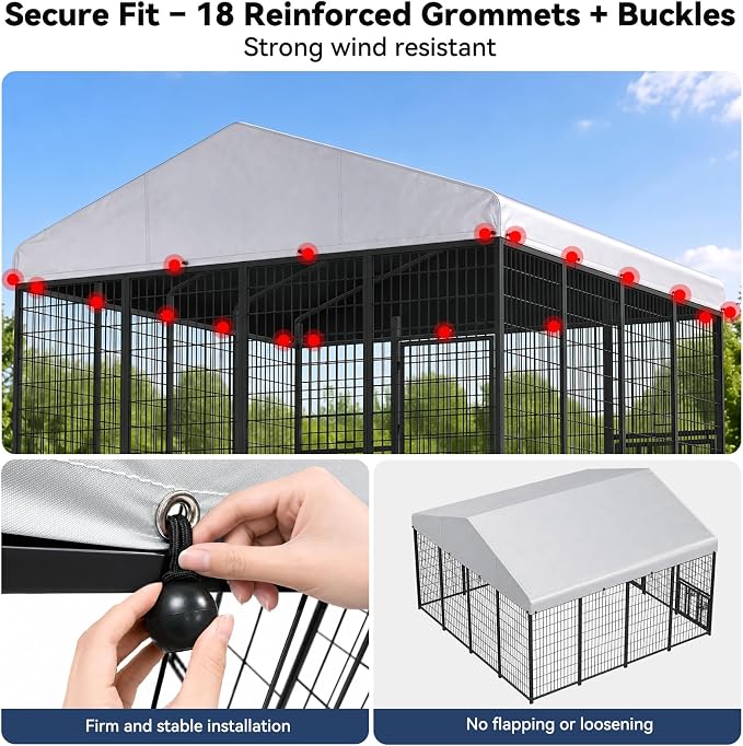 ROOMTEC 10 x 10 FT Outdoor Dog Kennel Cover, Replacement Canopy Only | Silver, 210D Coated Oxford, Waterproof, UV, 18 Secure Fasteners, Designed for ROOMTEC Kennels