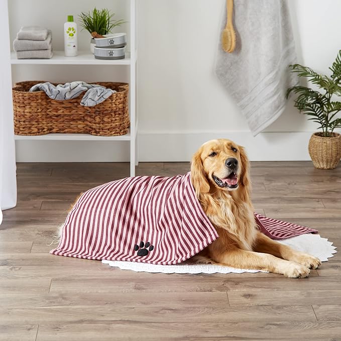 Bone Dry Pet Grooming Microfiber Towel, Striped Collection, X-Large, 41x23.5", Cranberry