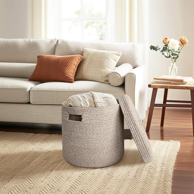 Storage Basket with Lid, Woven Blanket Storage for Living Room, Soft Cotton Rope Bin with Lid, Round Wicker Laundry Basket with Cover, Lidded Kids Dog Toy Bin, Nursery Organizer, 15" x 13"