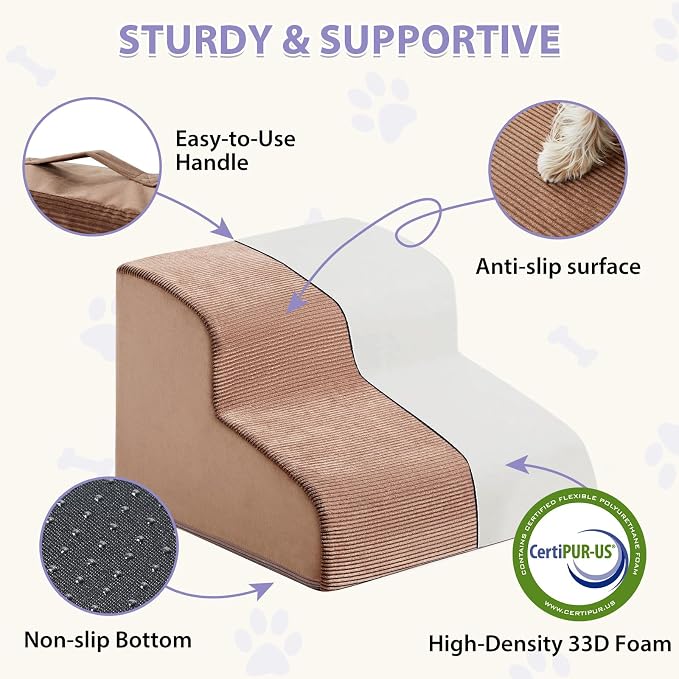 LEXTRO Dog Stairs for Small Dogs, 2-Steps Dog Ramp for Couch, Pet Stairs with Highly Supportive Foam and Non-Slip Bottom, Pet Steps for Cat & Doggie (High 11.8 Inch)